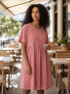 ASOS (4) Red Gingham Short-Sleeve Babydoll T-Shirt Dress Empire Waist Oversize